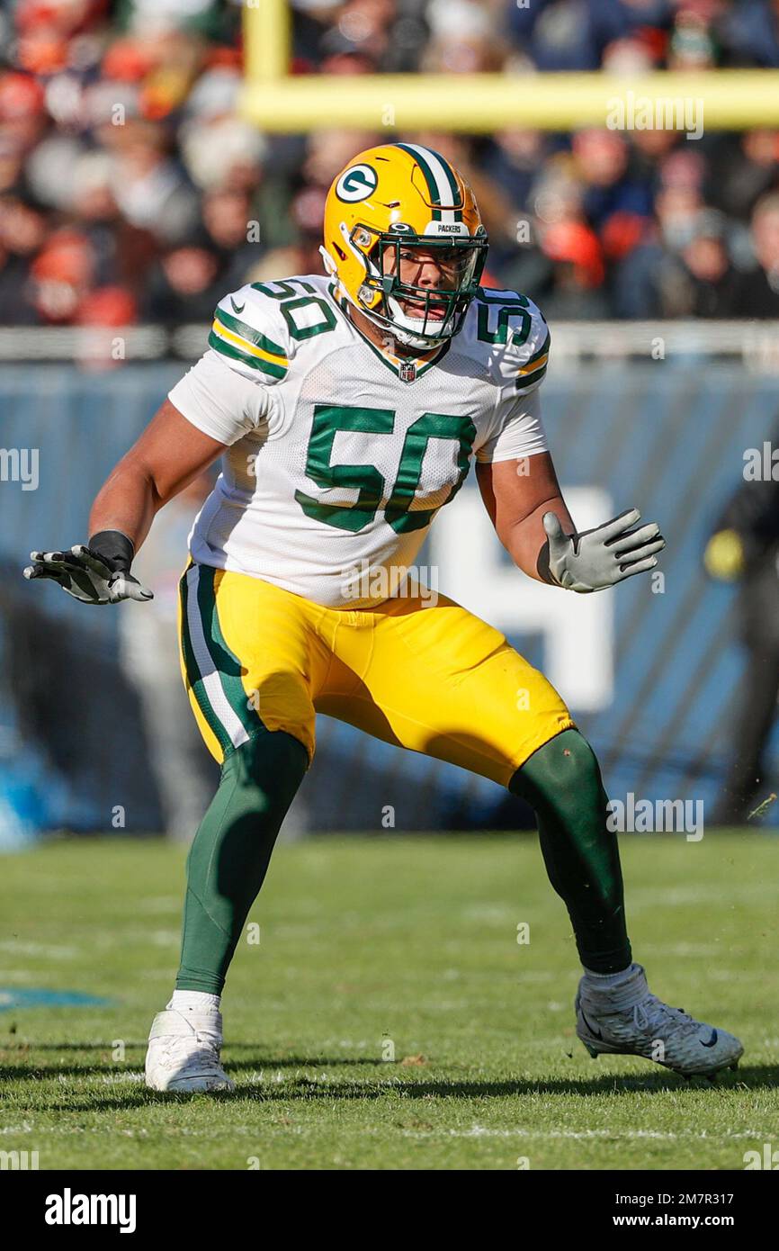 Green Bay Packers guard Zach Tom (50) blocks during the first half