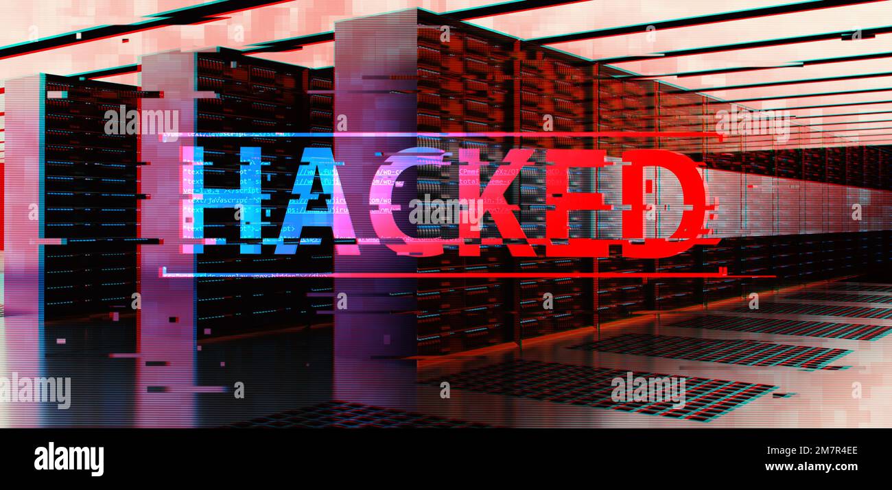 3d rendering TEXT hacked in server room. Concept of privacy data being