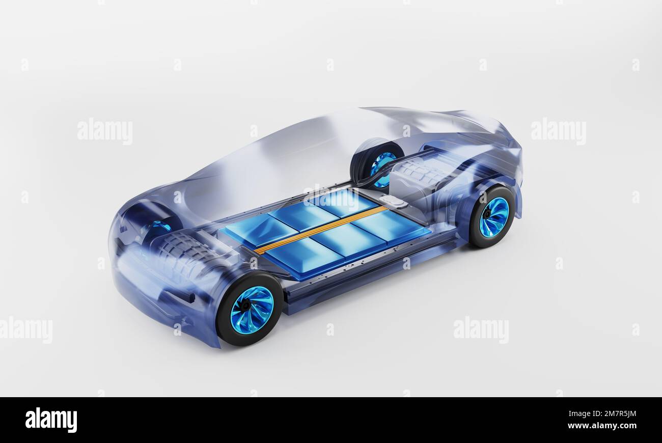 Inside ev car. battery pack rechargeable cells inside. chassis
