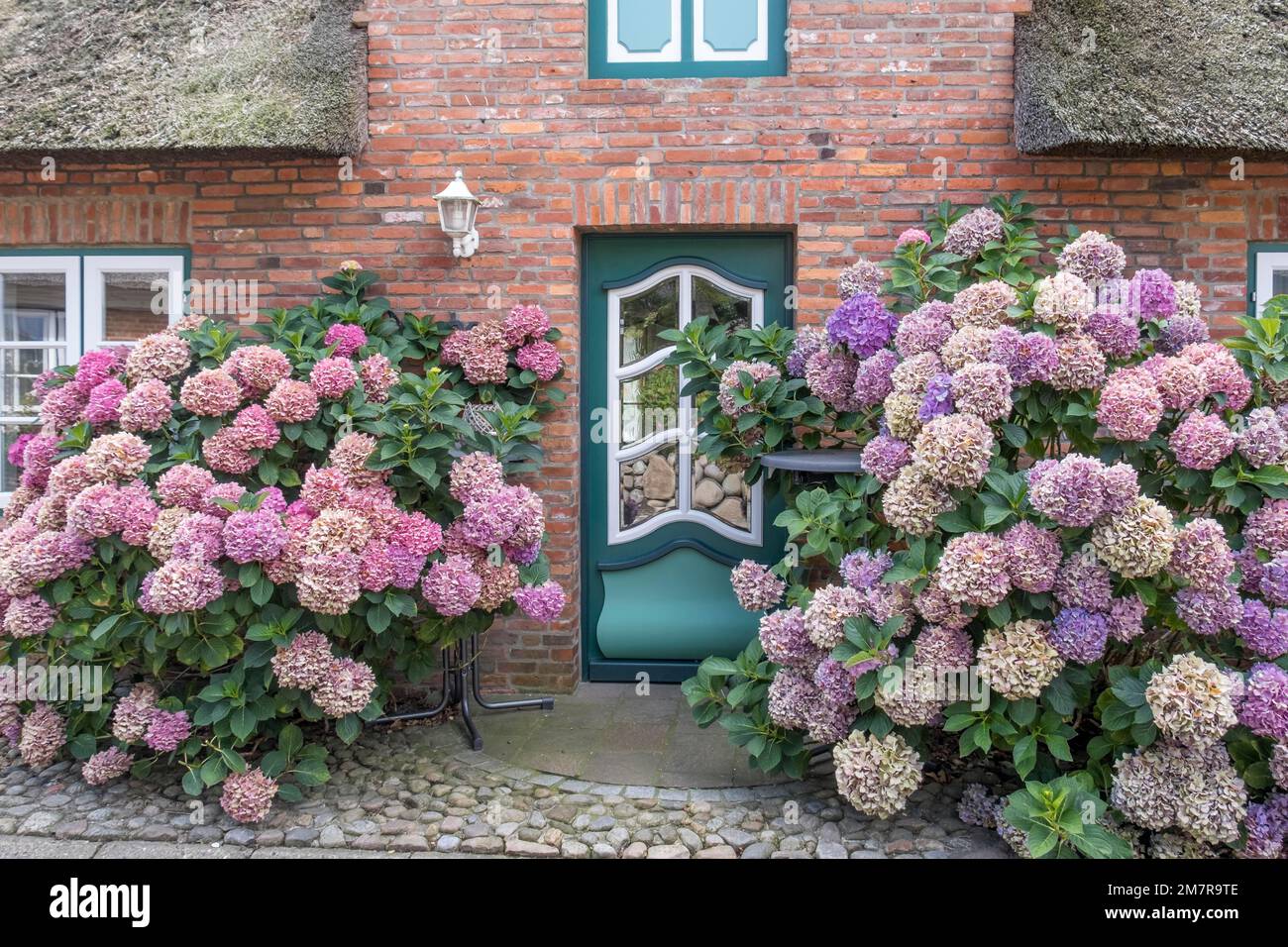 Thatched Frisian house, house entrance, Foehr, North Frisian Island, North Frisia, Schleswig-Holstein, Germany Stock Photo