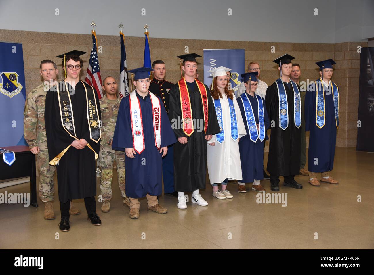 Graduating high school students from the Sioux City, Iowa area who are headed for military service display special military related graduation stoles at an unveiling event in Sioux City, Iowa on May 12, 2022. The stoles were created to honor students who have been accepted to one of the military service academies, enlisted into an active duty component or joined a component of the Reserve or National Guard.    U.S. Air National Guard photo Senior Master Sgt. Vincent De Groot Stock Photo