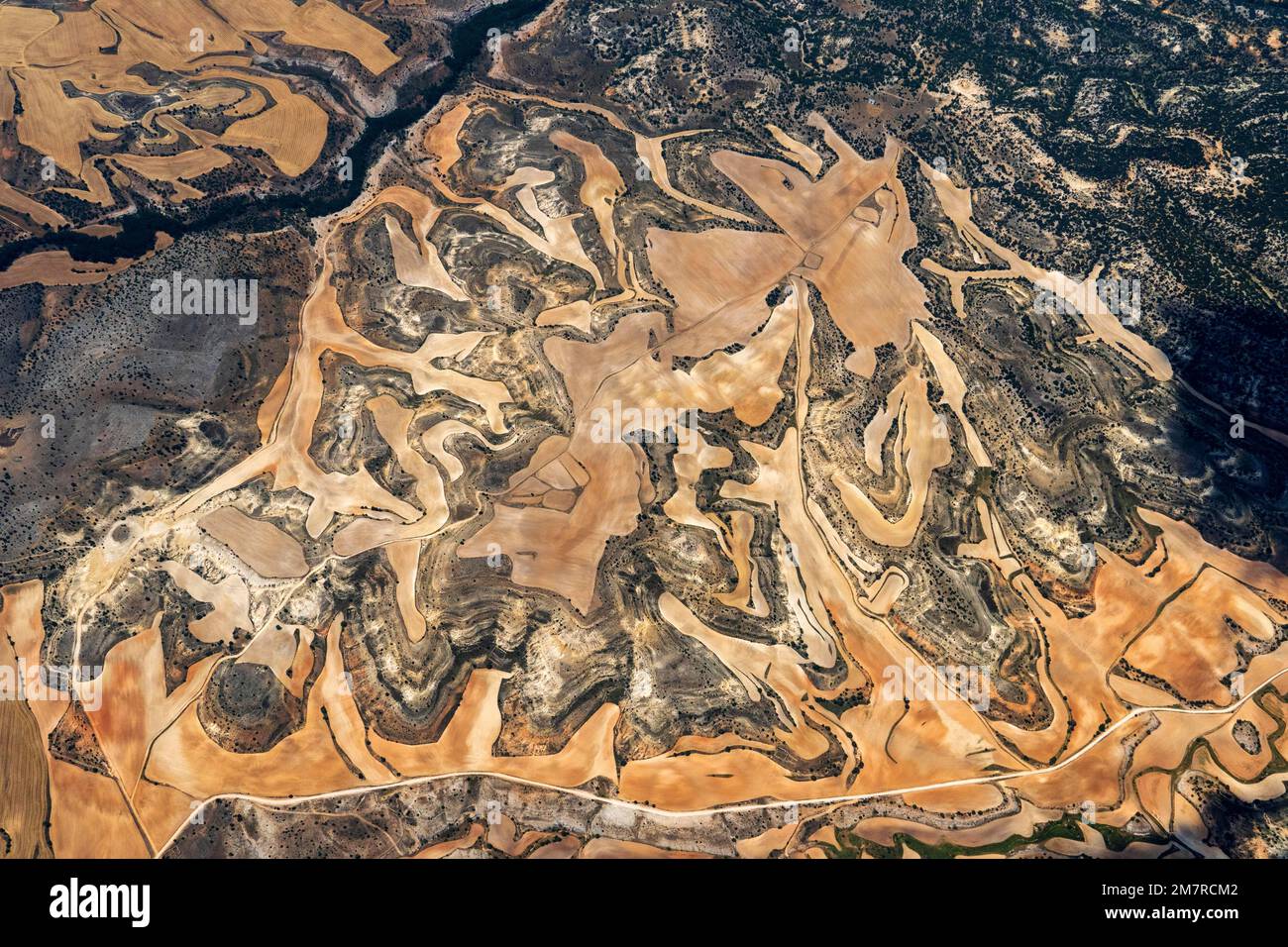 Aerial view of a landscape in Spain near Gormaz, agriculture, fields, hilly terrain, Castile Leon, Spain Stock Photo