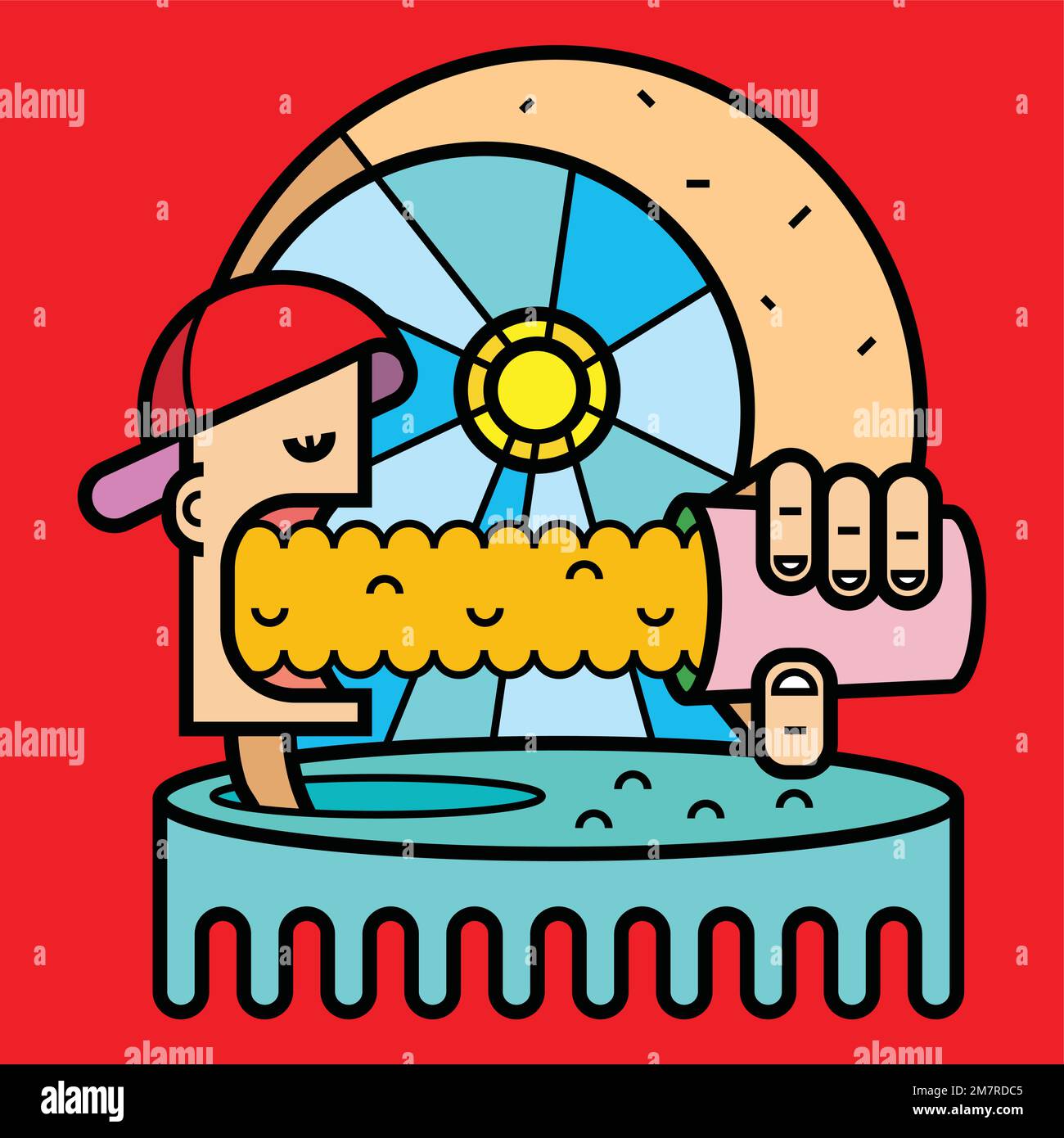 A funky colorful illustration of a guy drinking a beer in a pool on a summer day on red background Stock Vector