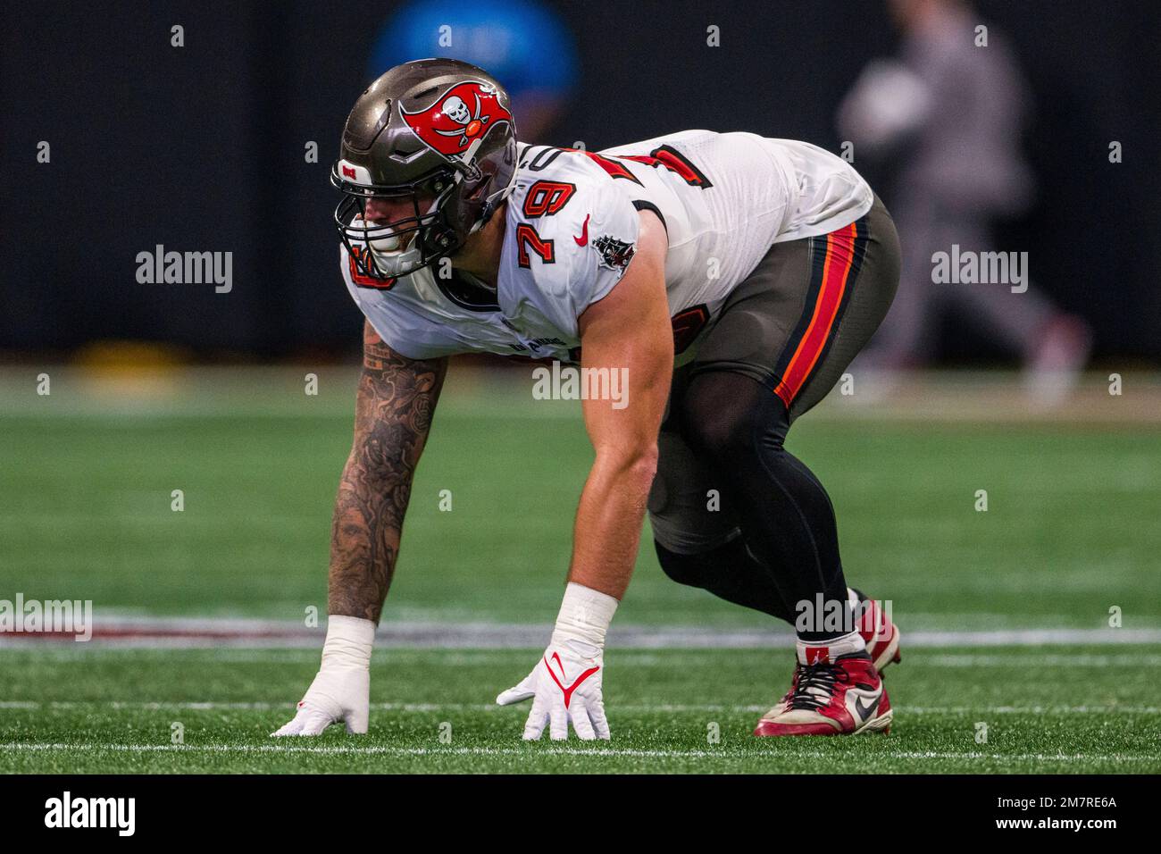 Tampa Bay Buccaneers defensive end Patrick O'Connor (79) works during the  first half of an NFL football game against the Atlanta Falcons, Sunday,  Jan. 8, 2023, in Atlanta. The Atlanta Falcons won