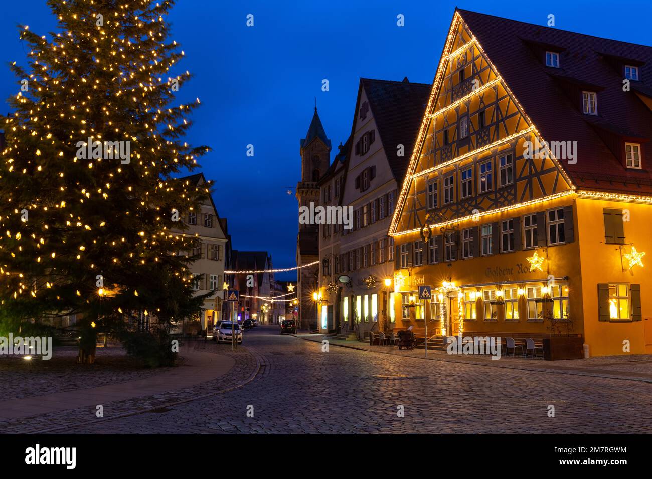 Restaurant, pub, Christmas tree, Christmas lights, blue hour, historic old town, market place, Dinkelsbuehl, Middle Franconia, Bavaria, Germany Stock Photo