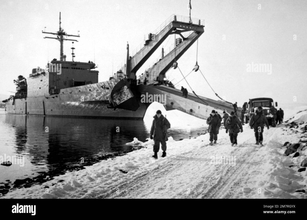 A starboard bow view of the tank landing ship USS BARNSTABLE COUNTY