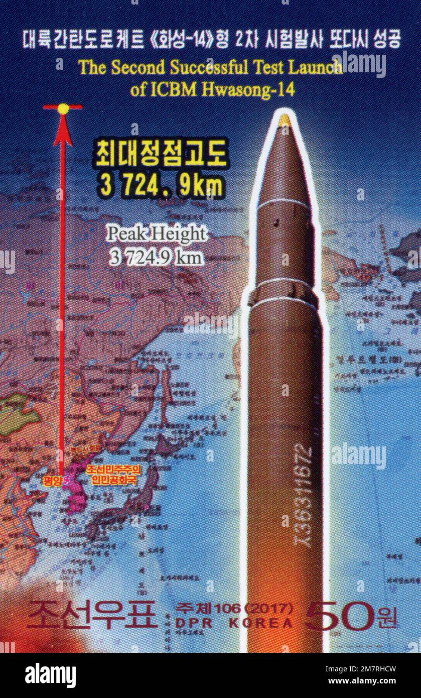 2017 North Korea stamp. The Second Successful Test Launch of ICBM Hwasong-14. ICBM Hwasong-14 Stock Photo