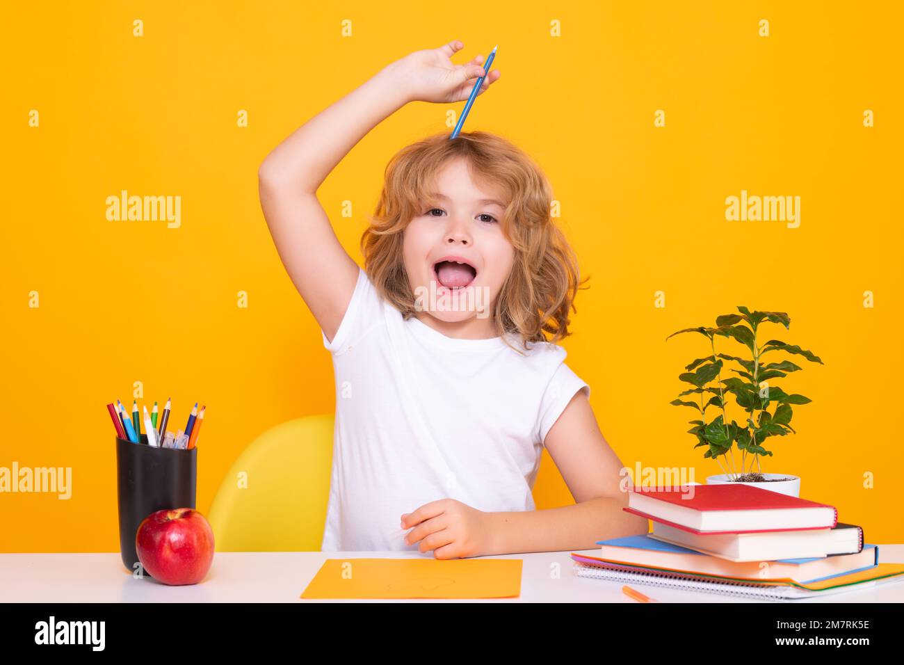 Excited pupil. School child 7-8 years old with book go back to school. Little student. Stock Photo