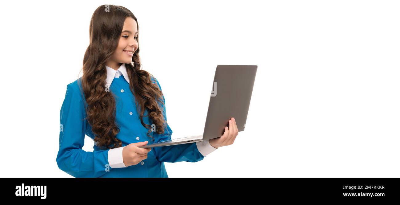 teen girl use laptop for blogging. webinar at online education. School girl portrait with laptop, horizontal poster. Banner header with copy space. Stock Photo