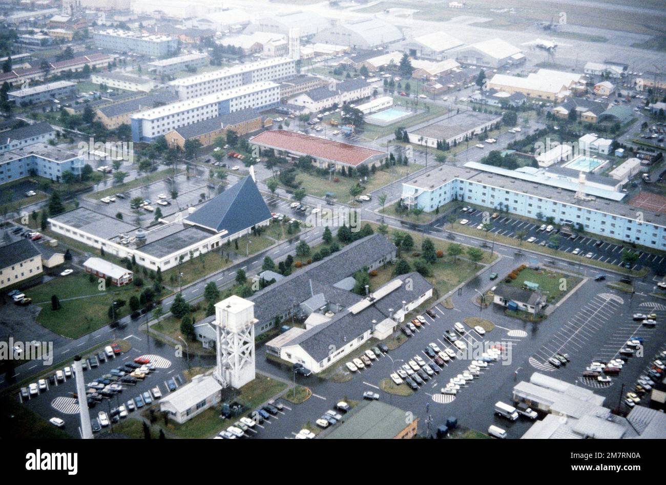 An aerial view of the main chapel (left center) and the threestory