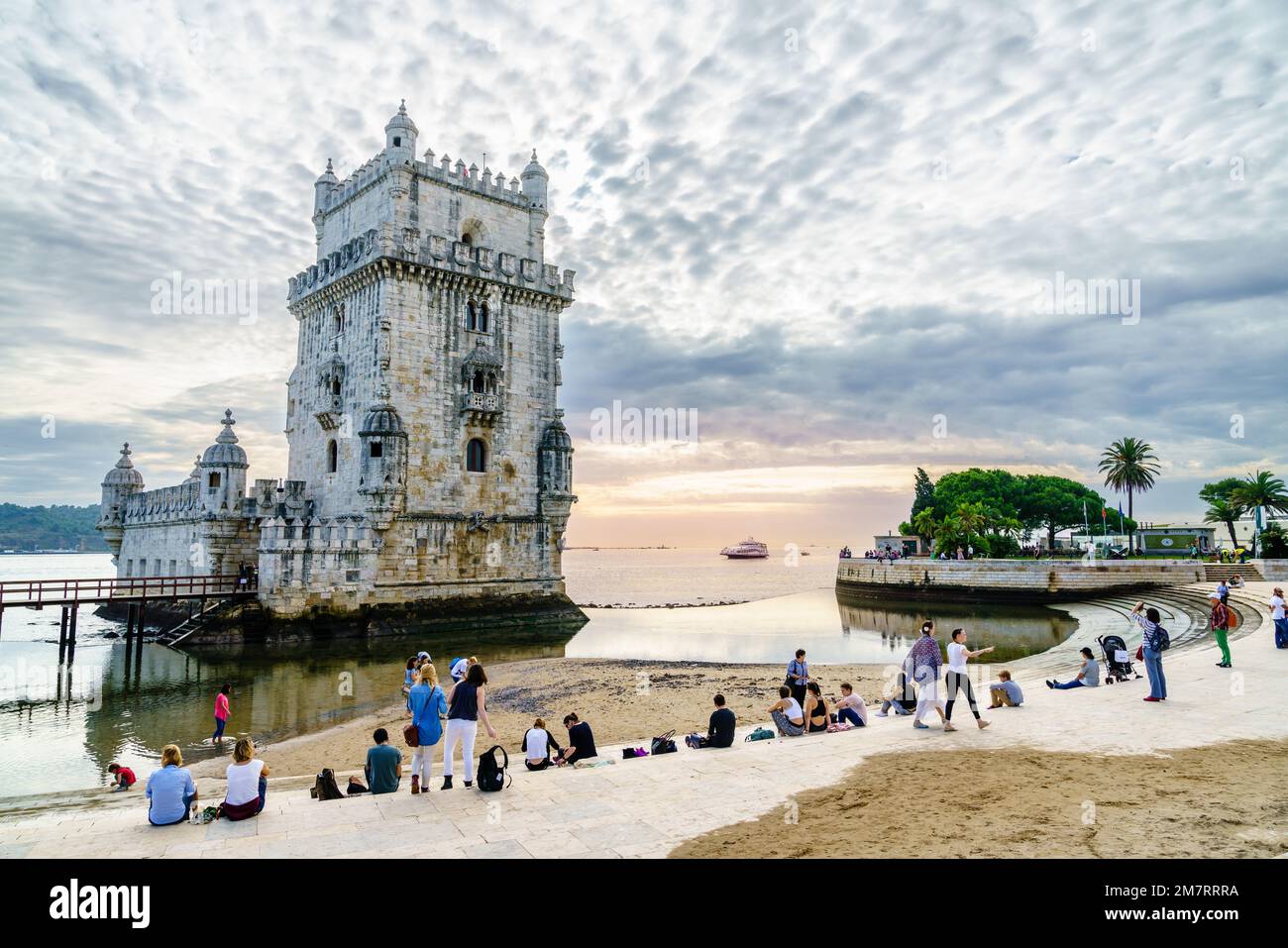 Lisbon, Portugal, October 26, 2016: People are enjoying beautiful evening in Torre de Belem Park in Lisbon, Portugal Stock Photo