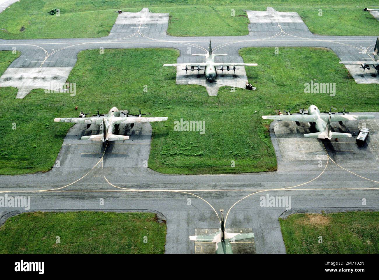 Aerial view of the C130 Hercules aircraft ramp, with parked aircraft
