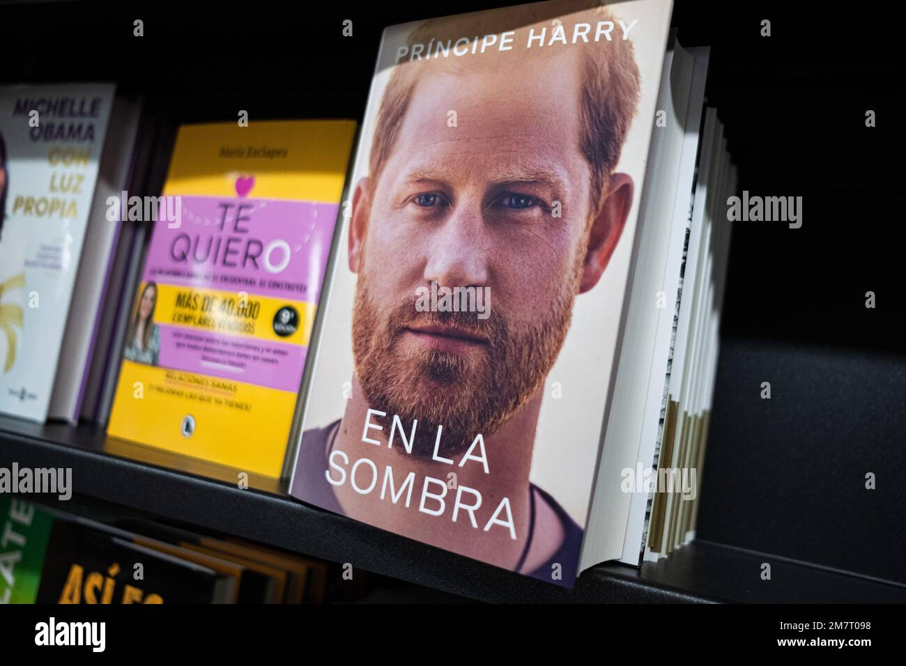 Barcelona, Spain. 10th Jan, 2023. The spanish edition of Prince Harry's memoir book, entitled 'En la Sombra', original title 'Spare', is seen on the shelves of 'Abacus' bookstore in the city center. Credit: SOPA Images Limited/Alamy Live News Stock Photo