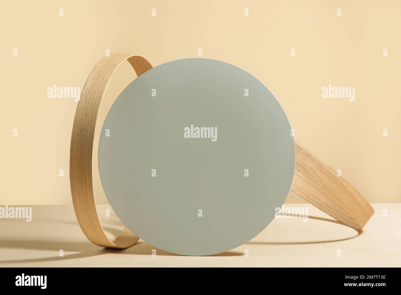 Minimalist geometry shape wooden scene. Abstract minimal empty stage with wooden circle. Mockups display for product presentation. Design element. Stock Photo