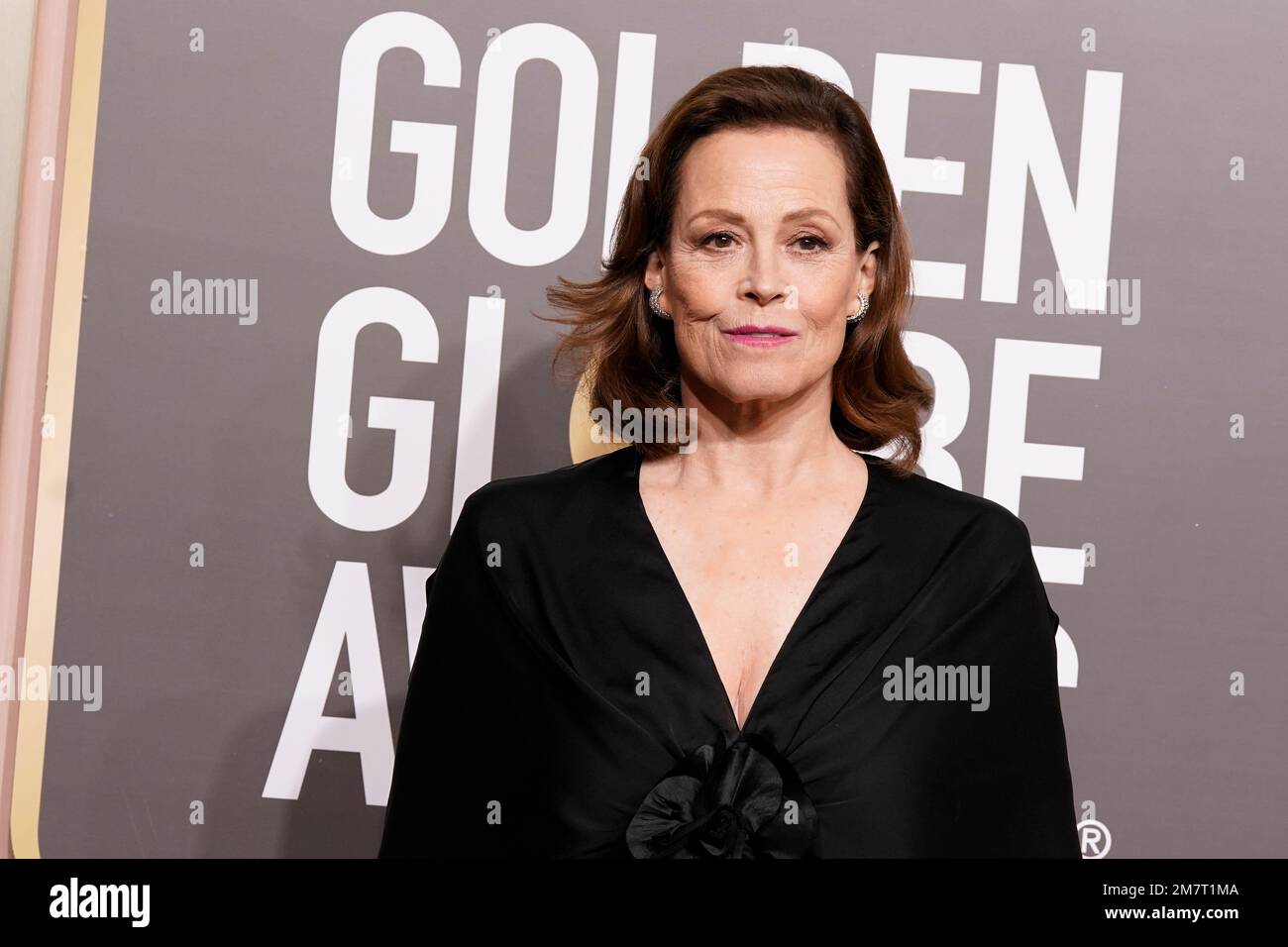 Sigourney Weaver arrives at the 80th annual Golden Globe Awards at the