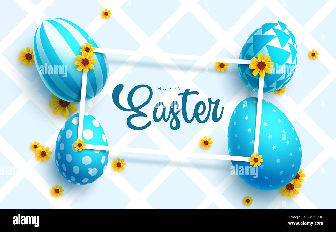 Happy easter text vector design. Easter holiday season with color blue eggs elements in pattern background. Vector Illustration. Stock Vector