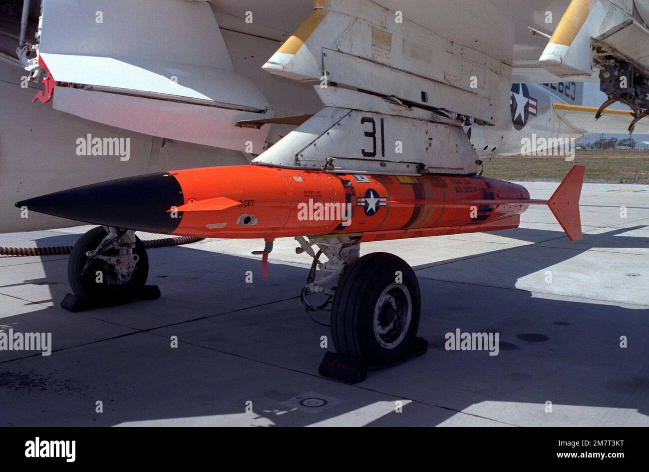 A view of an AQM-37A target after it is uploaded onto the wing of an A-6E Intruder aircraft, at the Pacific Missile Test Center. Base: Naval Air Station, Point Mugu State: California (CA) Country: United States Of America (USA) Stock Photo