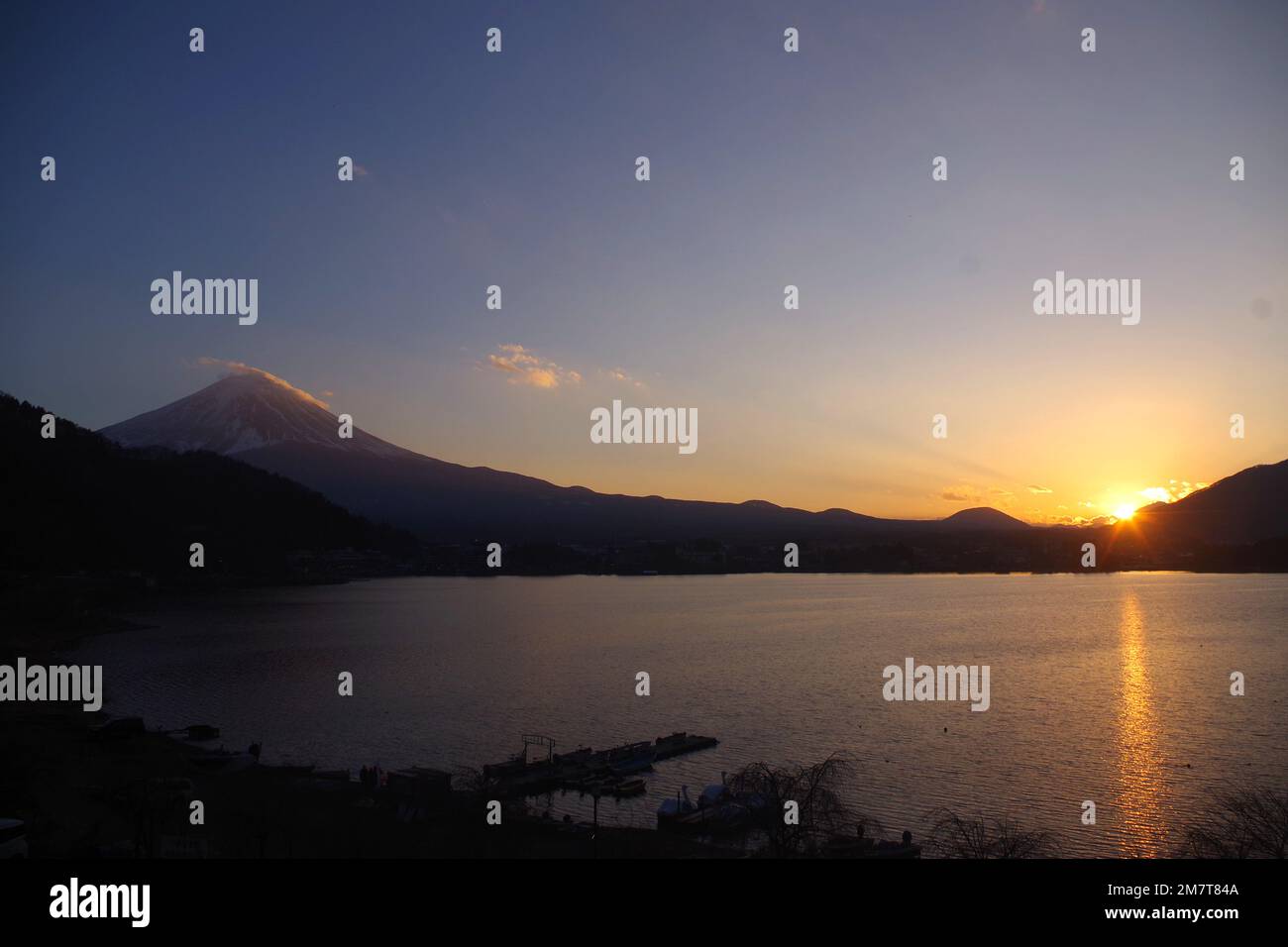 Mt Fuji at dusk from Lake Kawaguchi Stock Photo