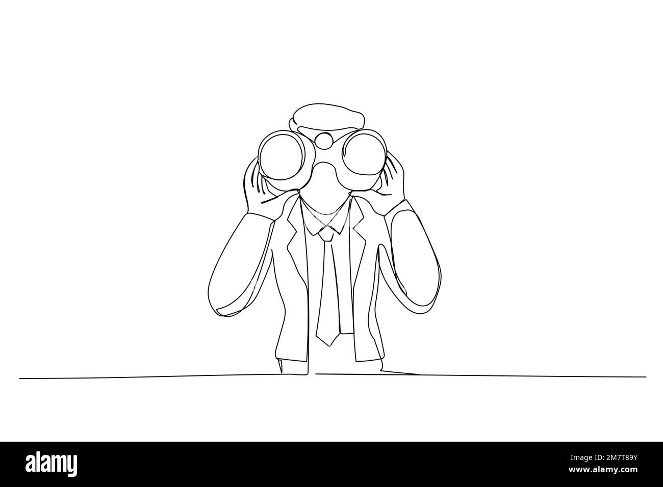 Drawing of young man using binoculars. Single line art style Stock