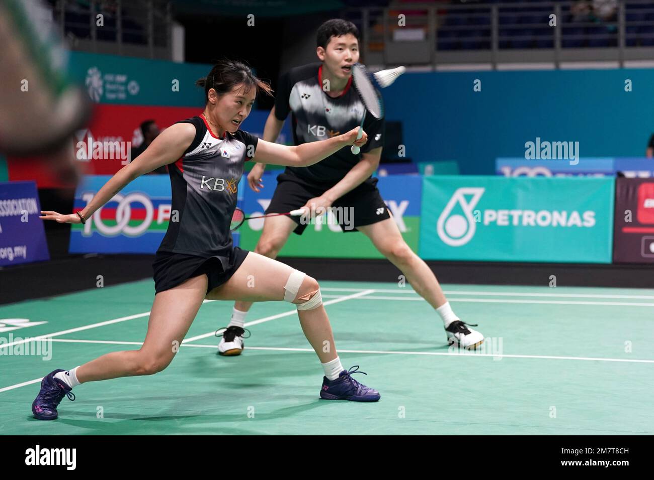 South Korea's Chae Yu Jung, left, and Seo Seung Jae play against Hong