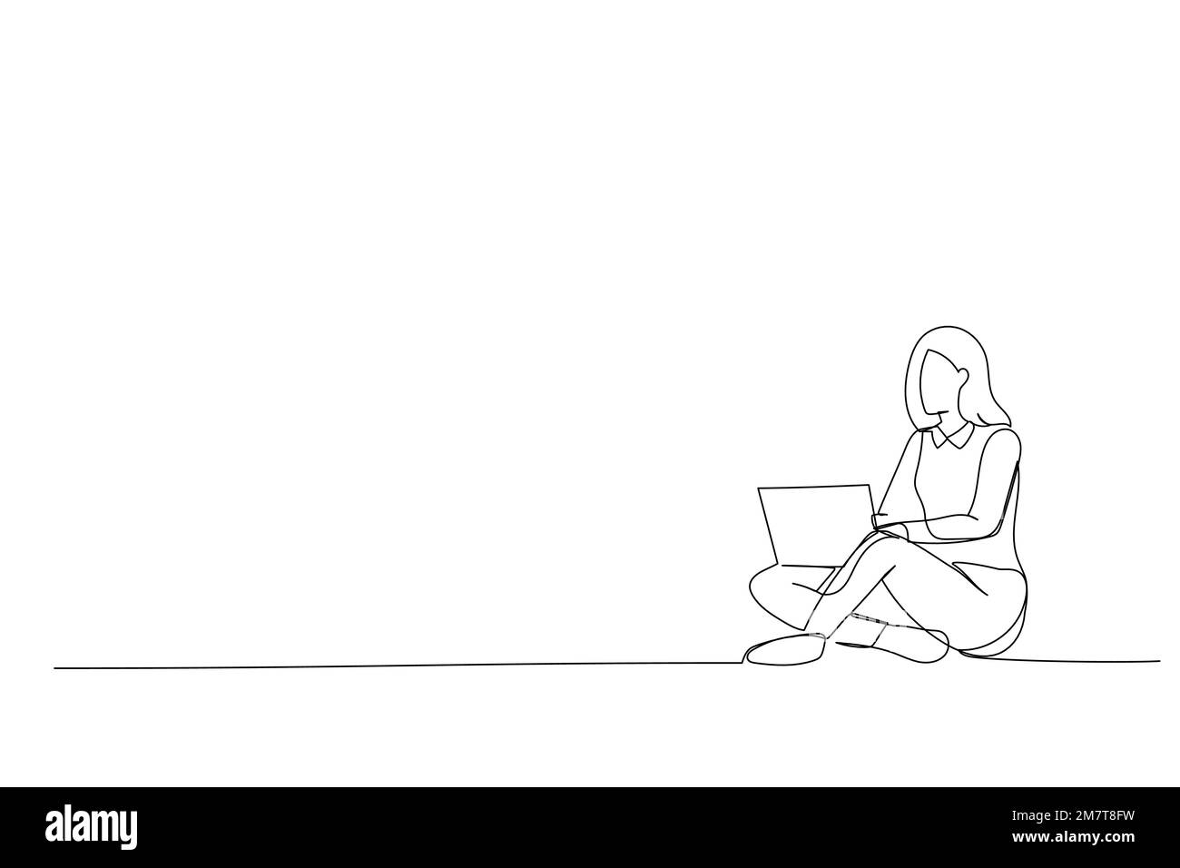 Drawing of woman using laptop while sitting on floor Continous Line art Stock Vector