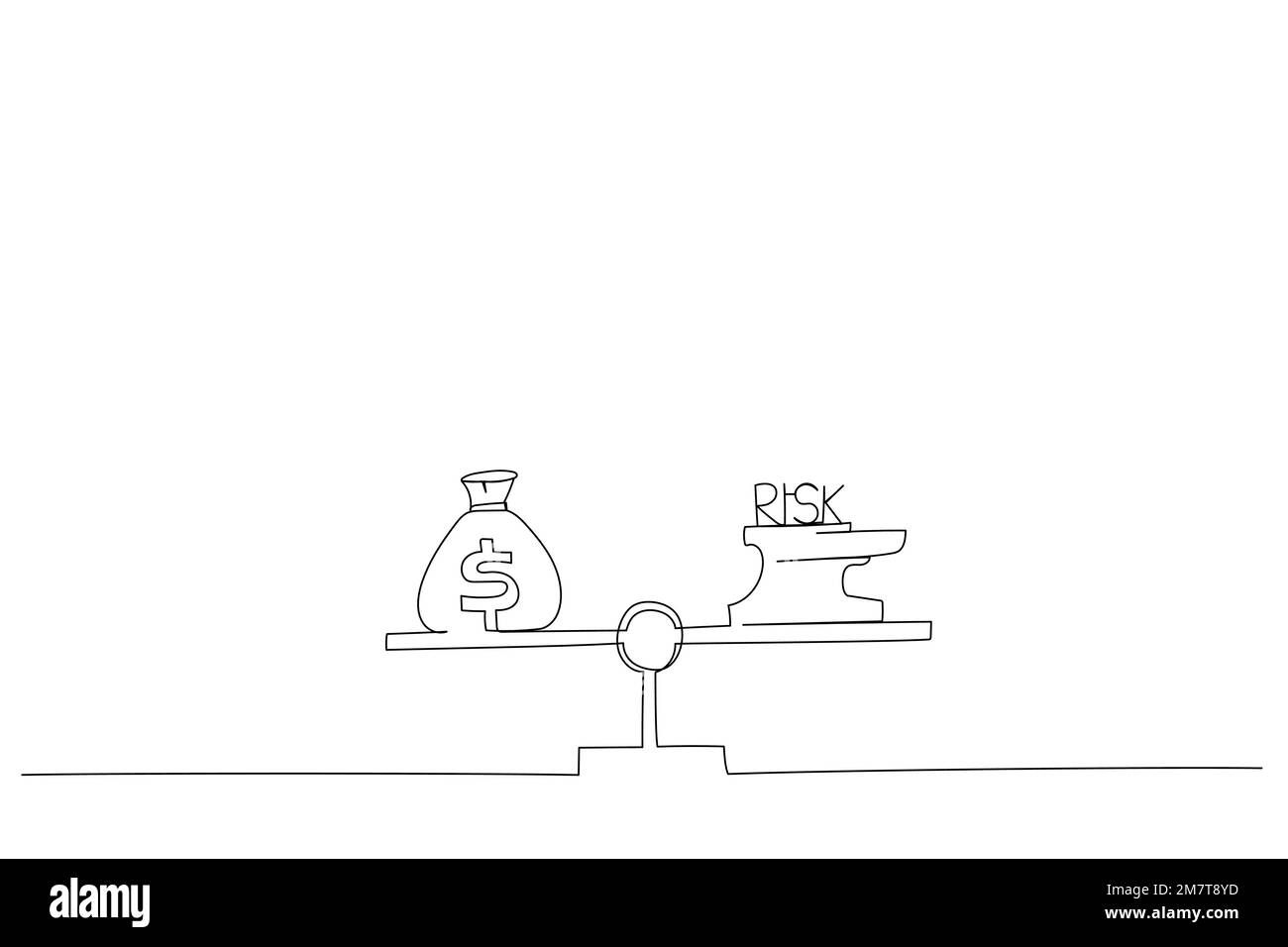 Illustration of businessman balancing between reward and risk. One line ...