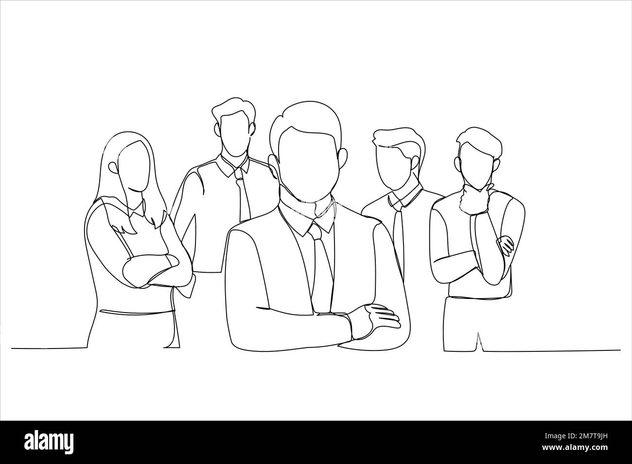 Illustration of group of friendly businesspeople with male leader in front. One continuous line art style Stock Vector