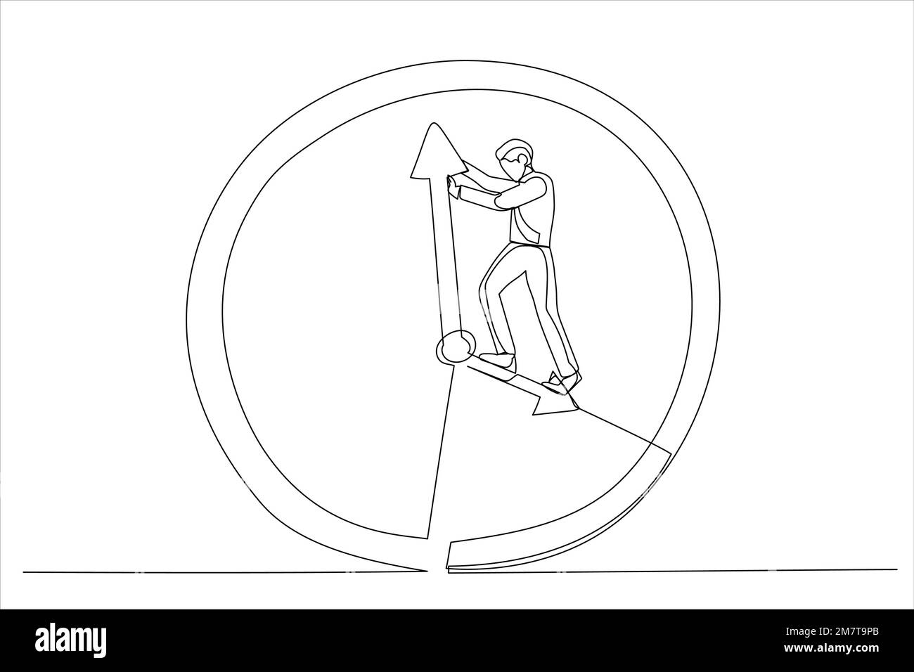 Cartoon of businessman standing on clock hour hand manage to push back
