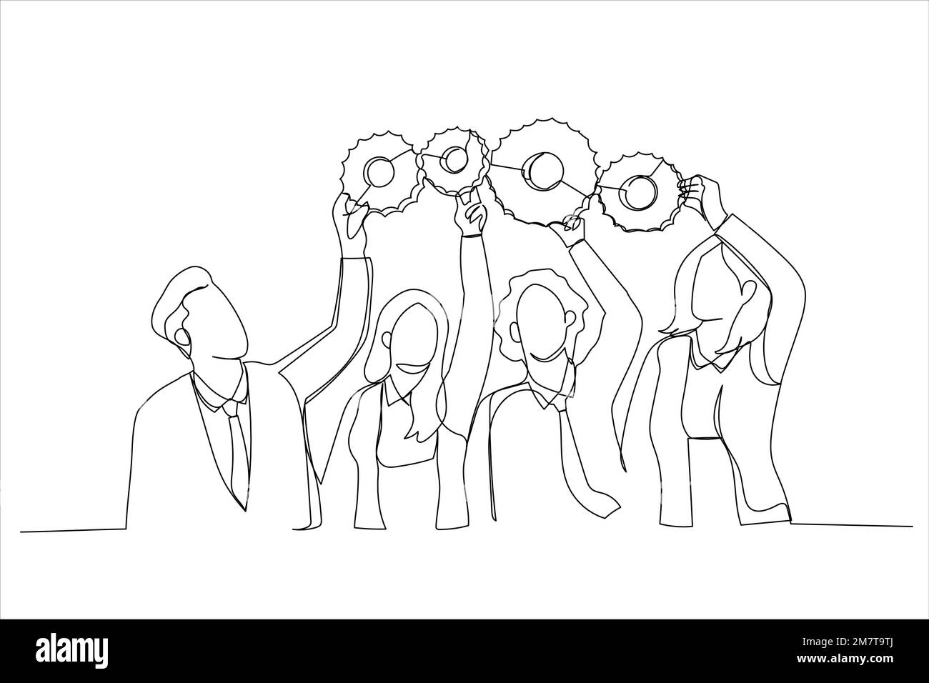 Drawing of colleagues connect cog gear find business solution. Happy employees workers hold cogwheel engaged in teamwork. Single line art style Stock Vector