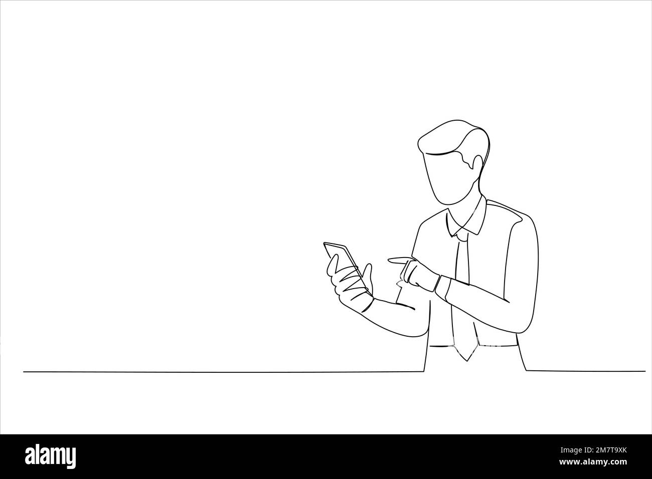 Illustration of man standing using a mobile phone. One line art style
