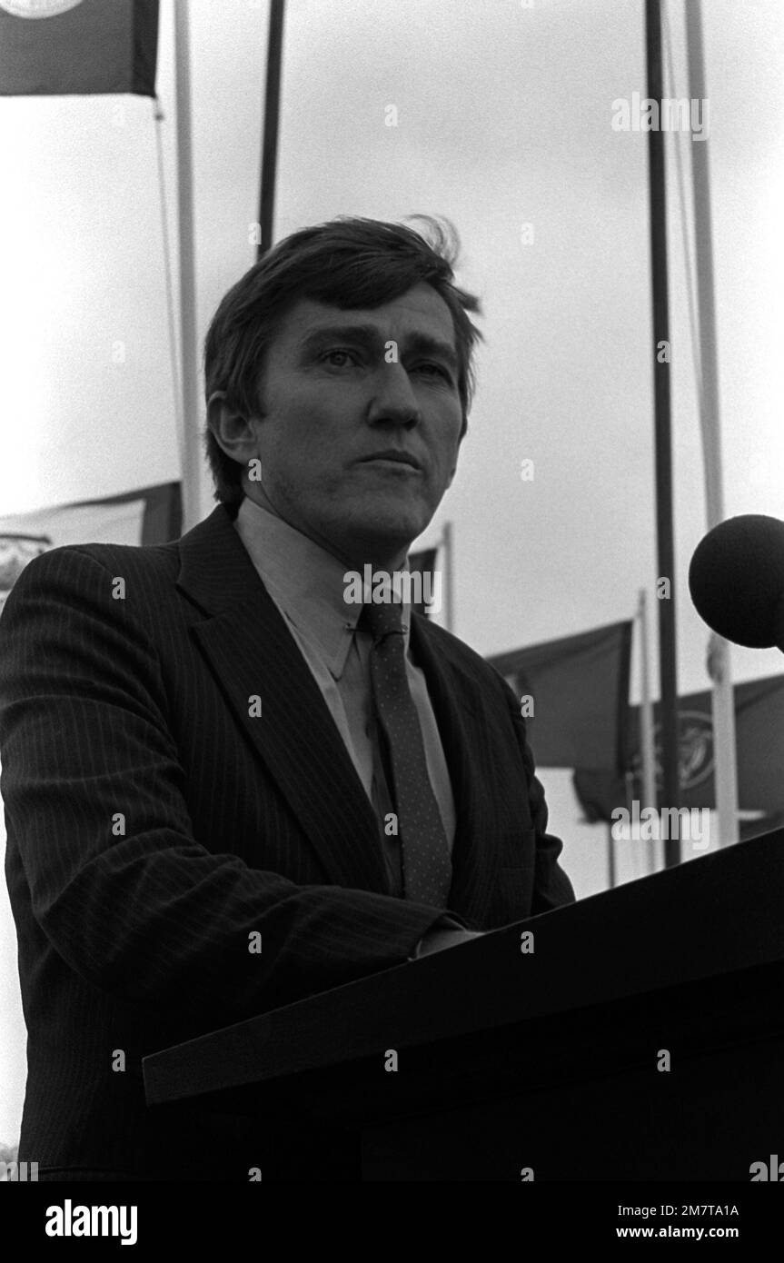 Secretary of the Navy John F. Lehman Jr. speaks to the guests during