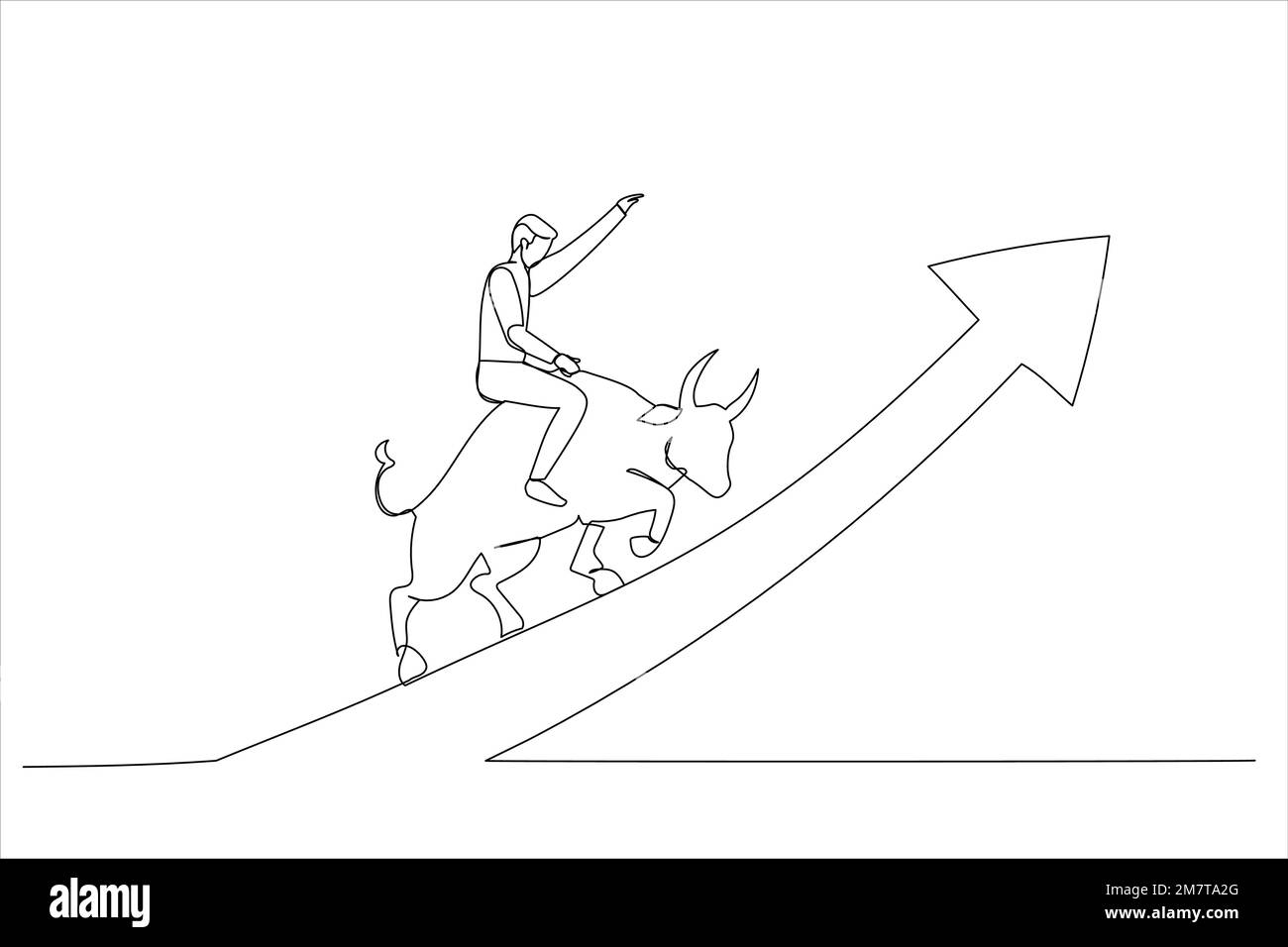 Cartoon of confident businessman investor riding bull running on rising up upward green graph. Stock market bull market. Single continuous line art st Stock Vector