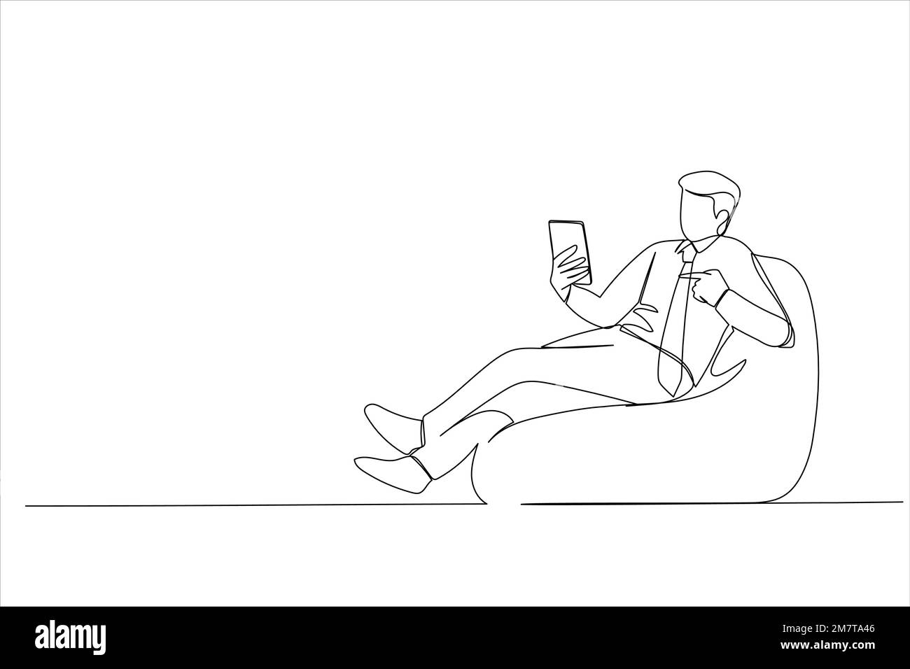 Illustration of young man sit in bag chair hold use pointing index