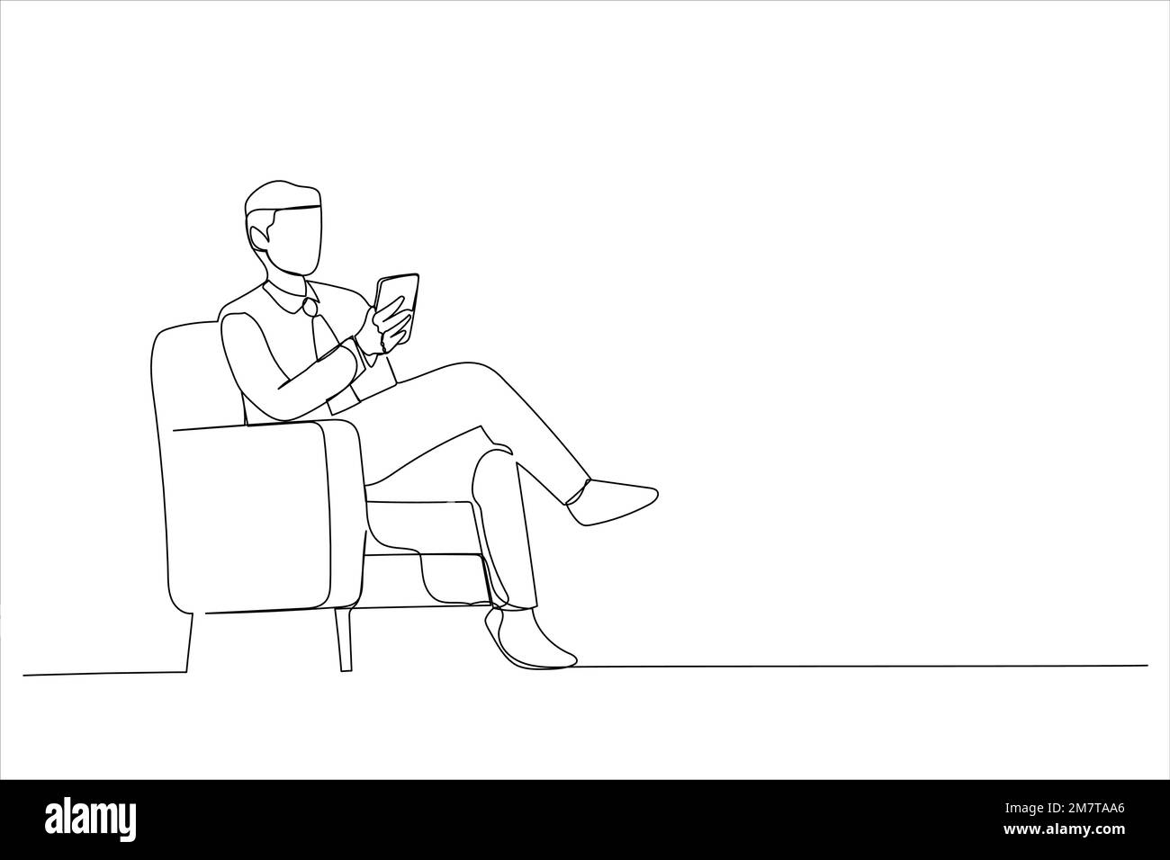 Cartoon of guy using mobile phone with new application sitting in armchair. Single continuous line art style Stock Vector