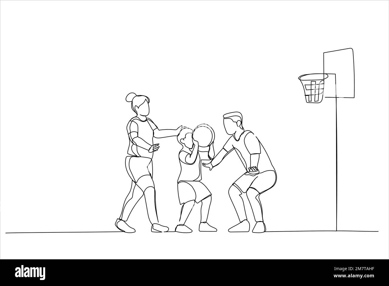 Drawing of family playing basketball together. Single line art style Stock Vector
