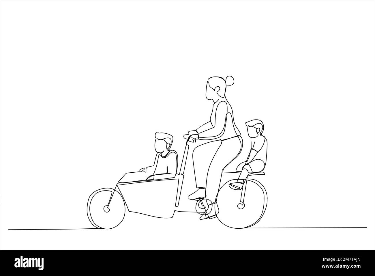 Drawing of mother with two children riding bicycles. Single line art style Stock Vector