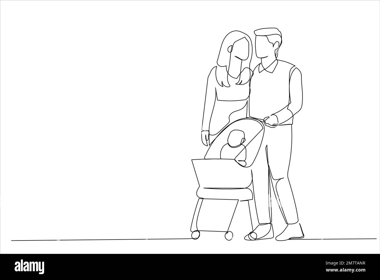 Cartoon of young mother and father walking outdoors with baby in ...