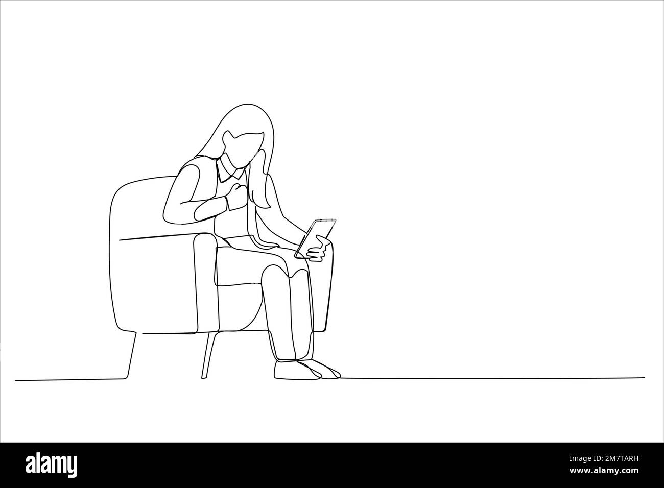 Drawing of young business woman wearing a suit using his phone feeling excited and rejoices while looking at the phone. Single line art style Stock Vector