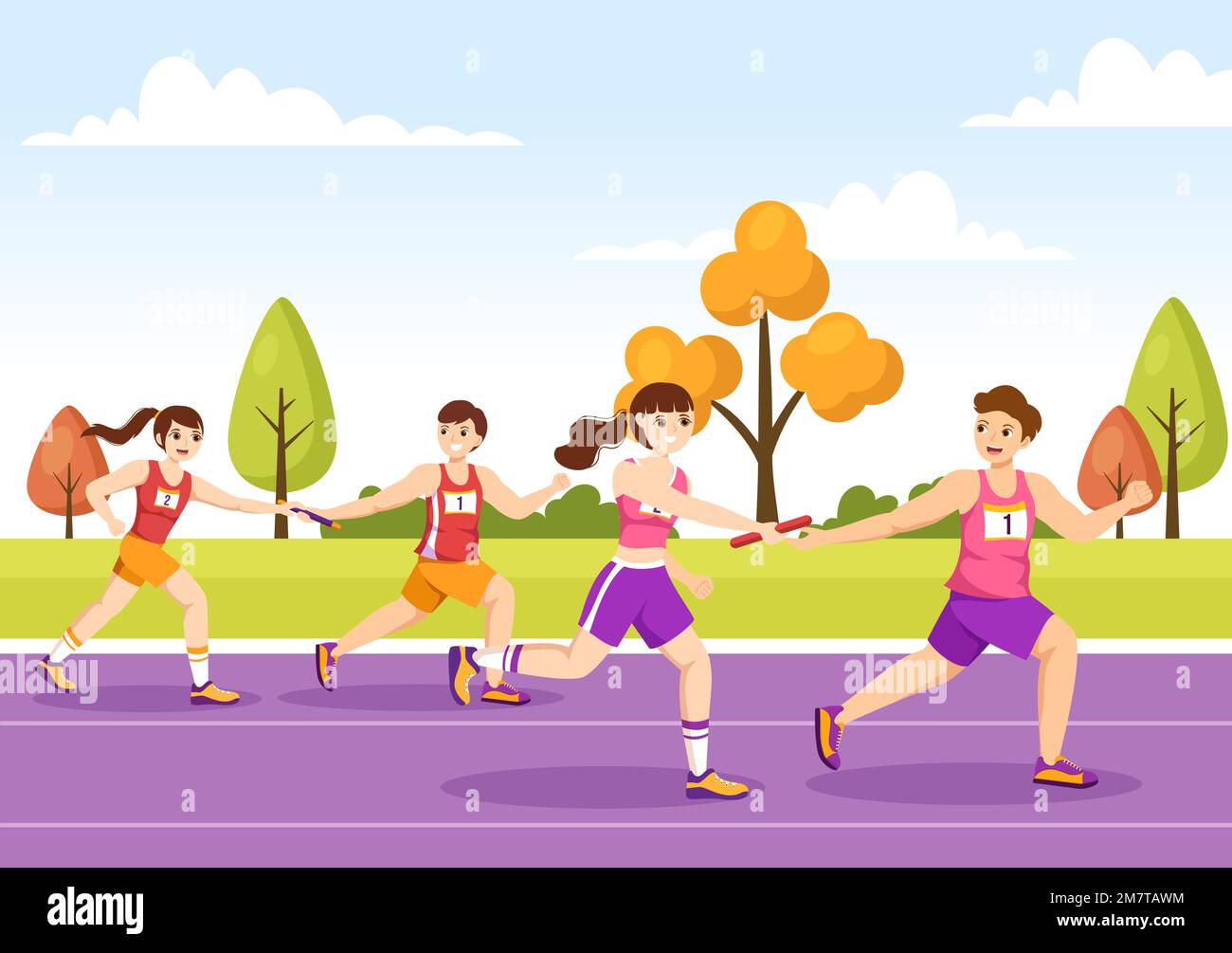 Relay Race Illustration by Passing the Baton to Teammates Until