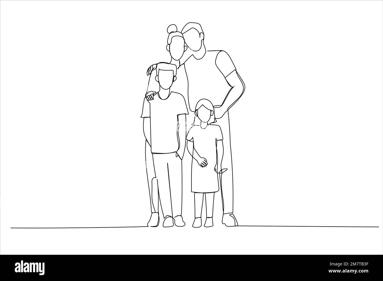 Drawing of young family with two children standing together. Single line art style Stock Vector