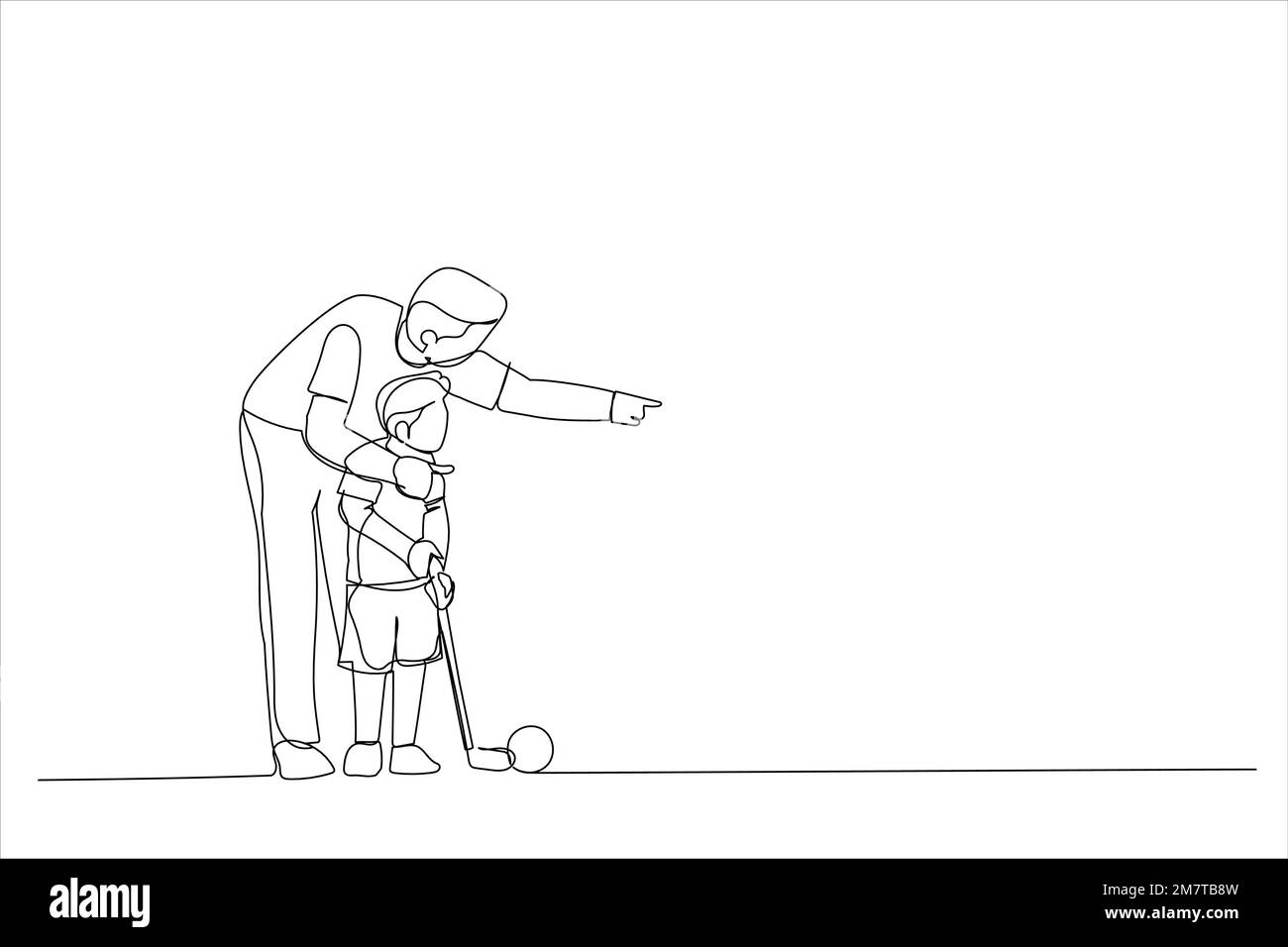 Illustration of father teaching his son how to play golf one line art