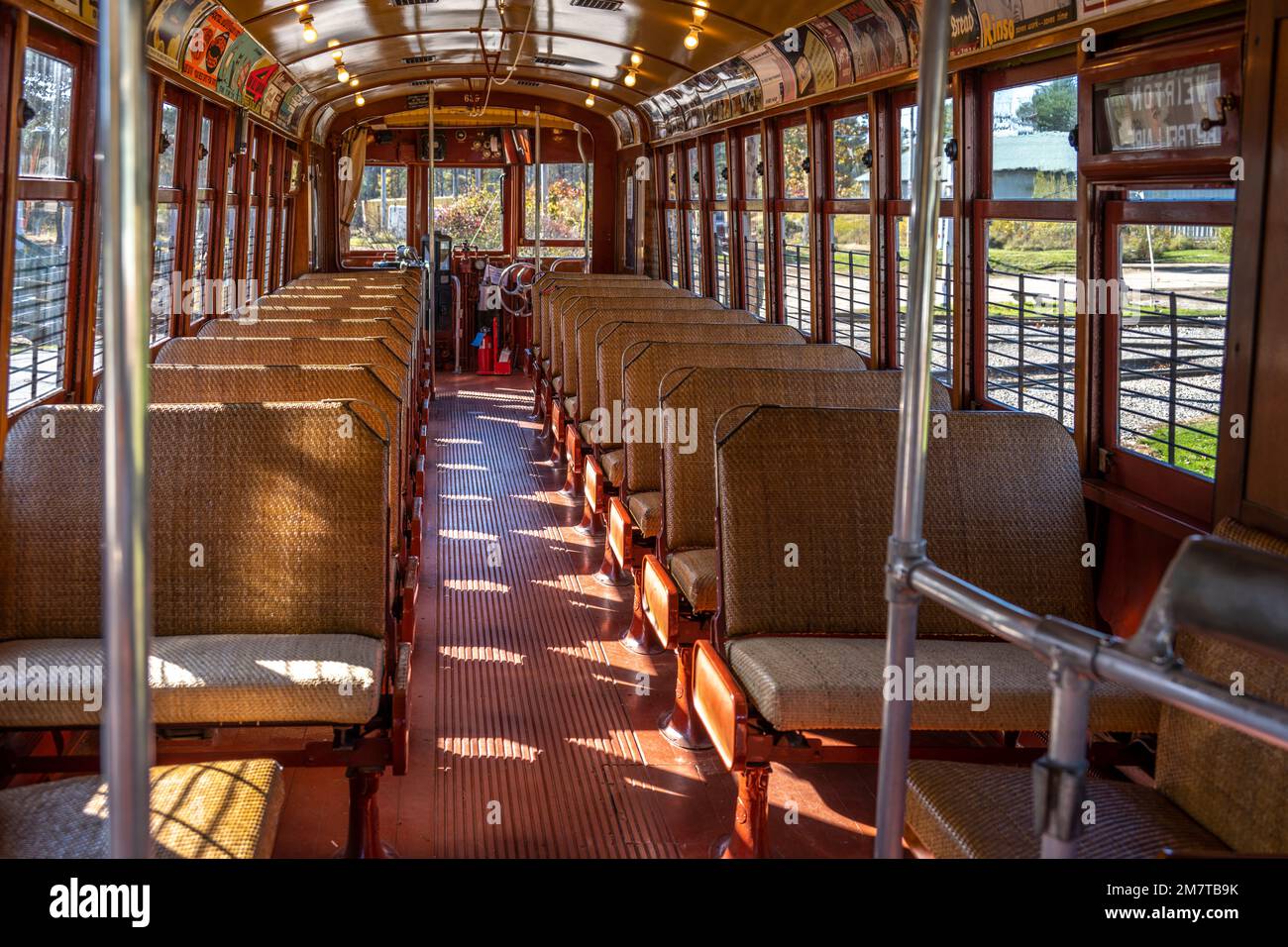 inside No 639 trolley car used to take visitors for a ride at the Seashore Trolley Museum Stock Photo