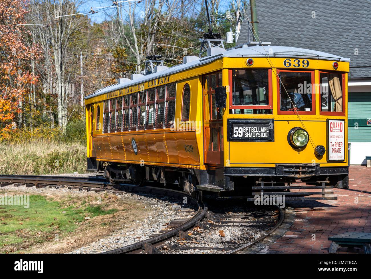 outside view of No 639 trolley car used to take visitors for a ride at the Seashore Trolley Museum Stock Photo