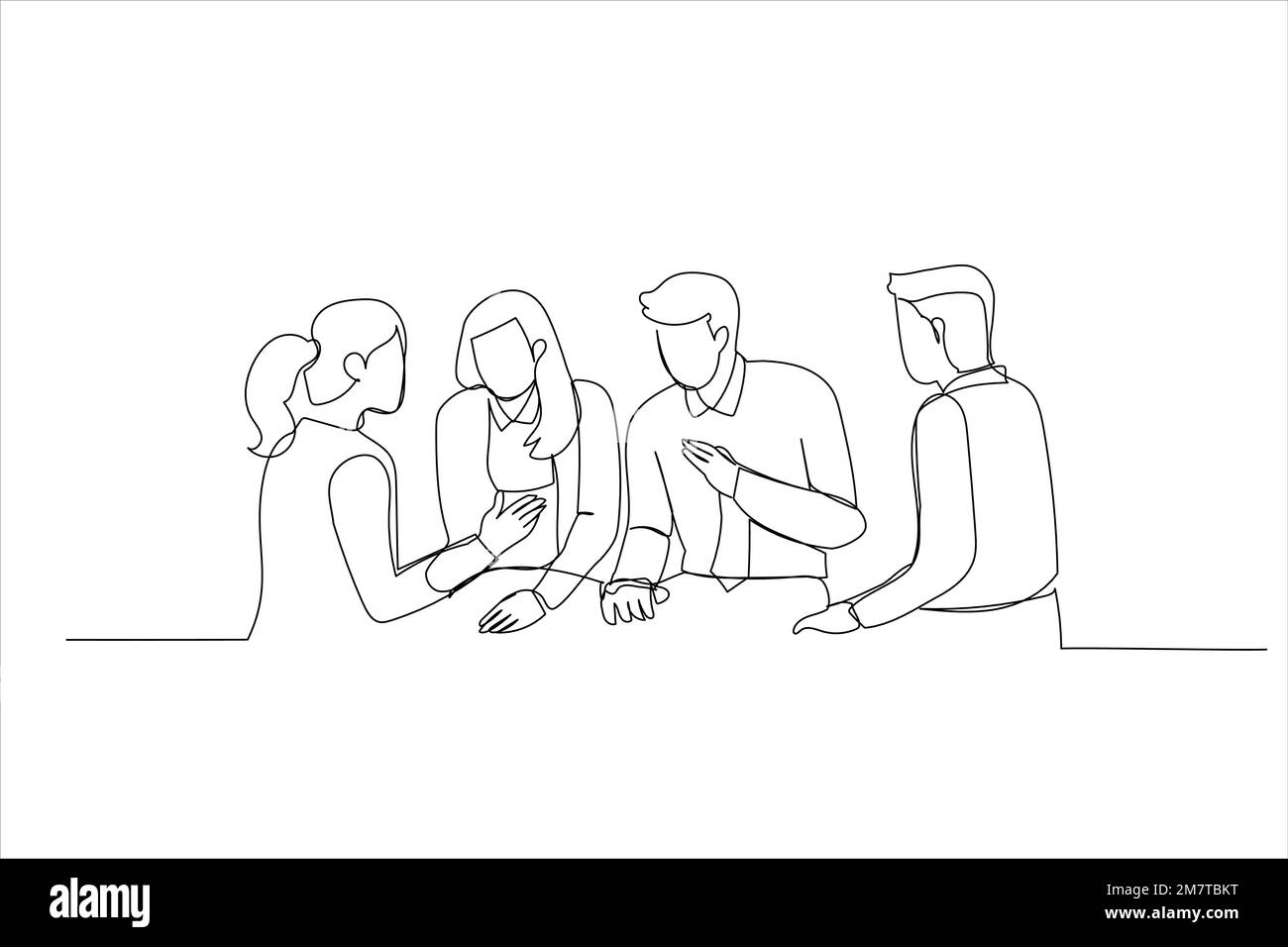 Drawing of businesspeople having meeting in office. Single line art style Stock Vector