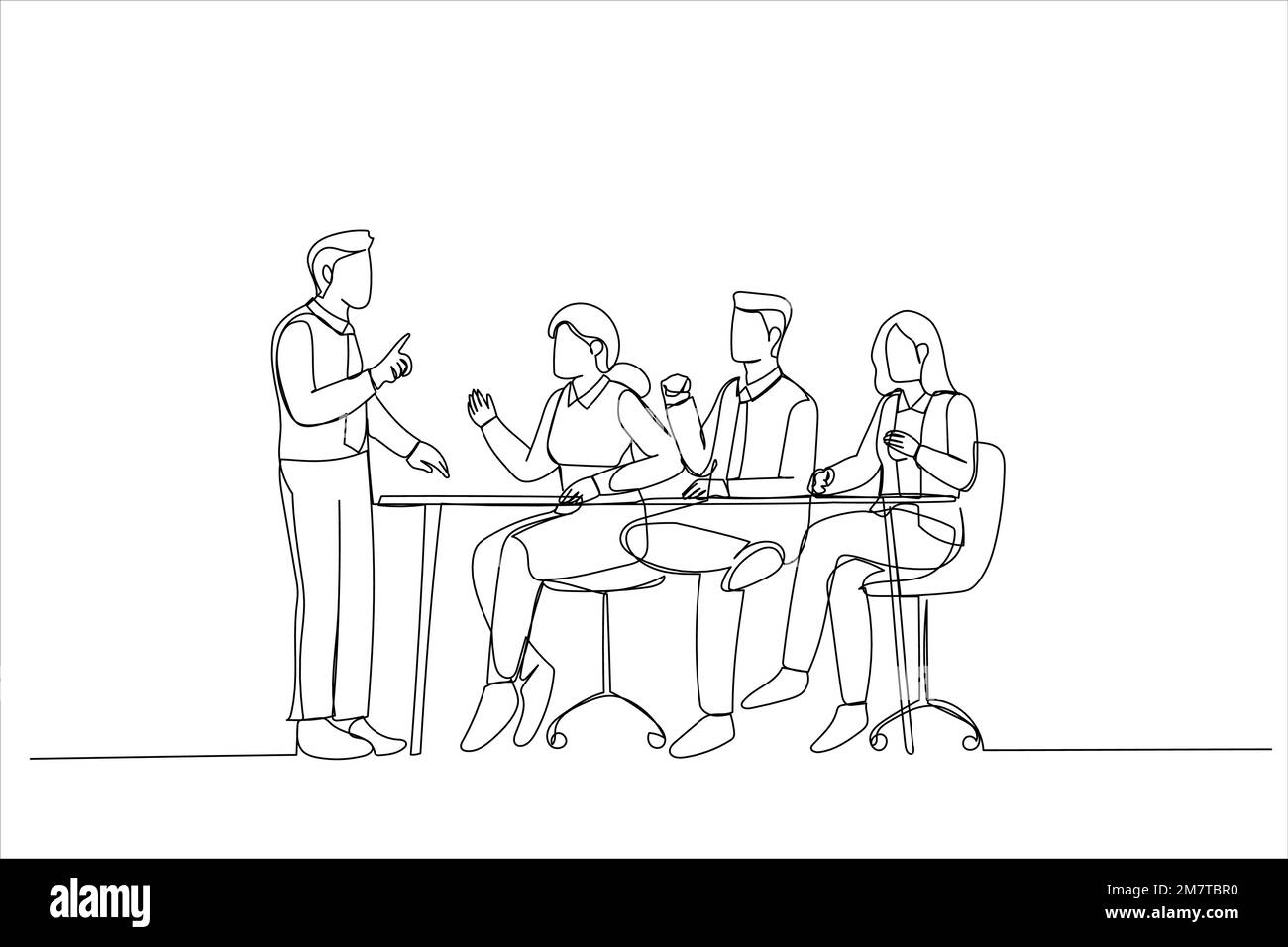 Drawing of executive leading corporate briefing with diverse employees in boardroom. Single continuous line art Stock Vector
