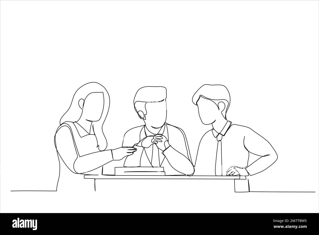 Cartoon of business people discuss the deal. Continuous line art style Stock Vector