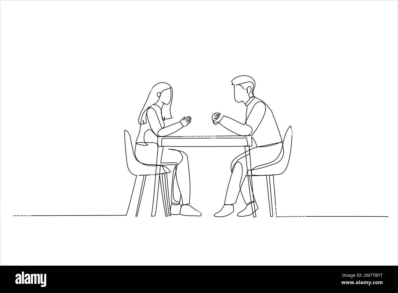 Illustration of two serious people in formal wear sitting in front of