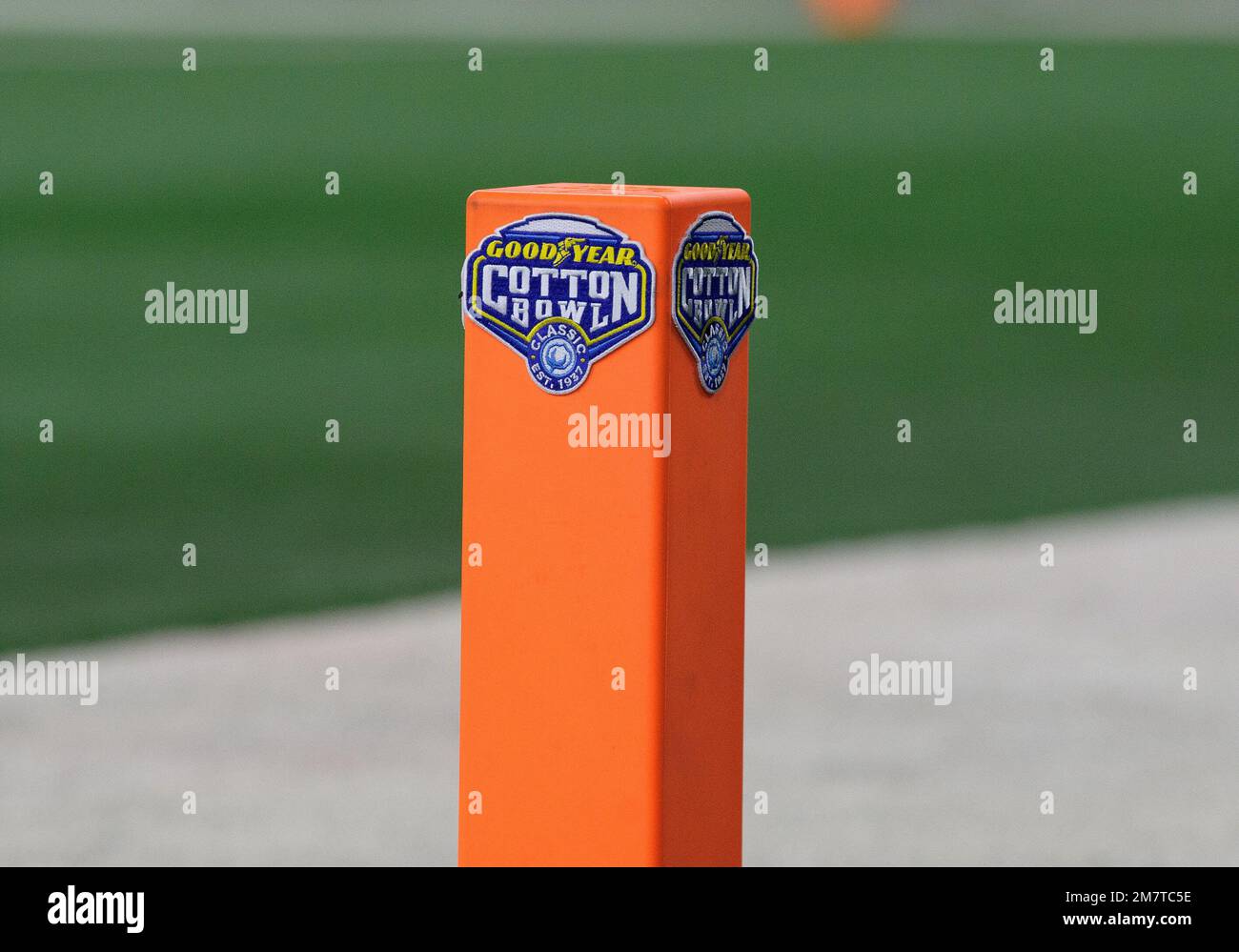 Arlington, Texas, USA. 2nd Jan, 2023. Cotton Bowl logo on goal line marker during the 1st half