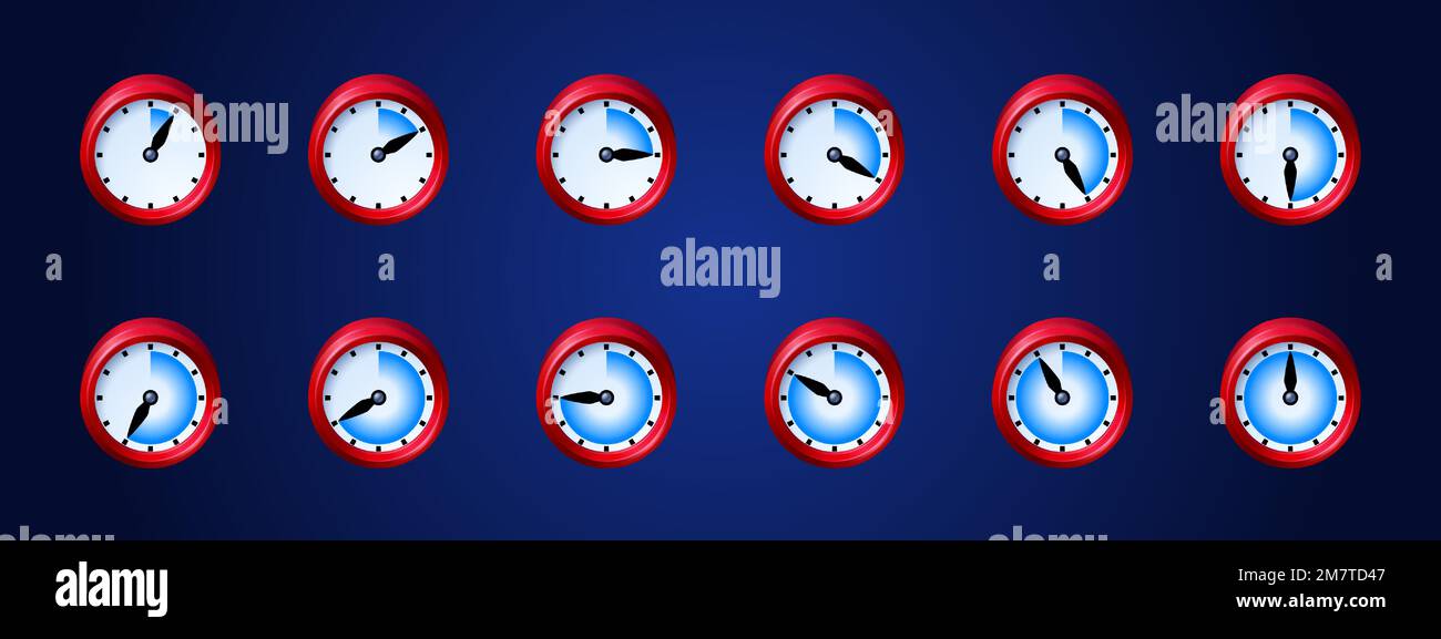 Clock game icons, time animation sprite sheet. Red clock with moving