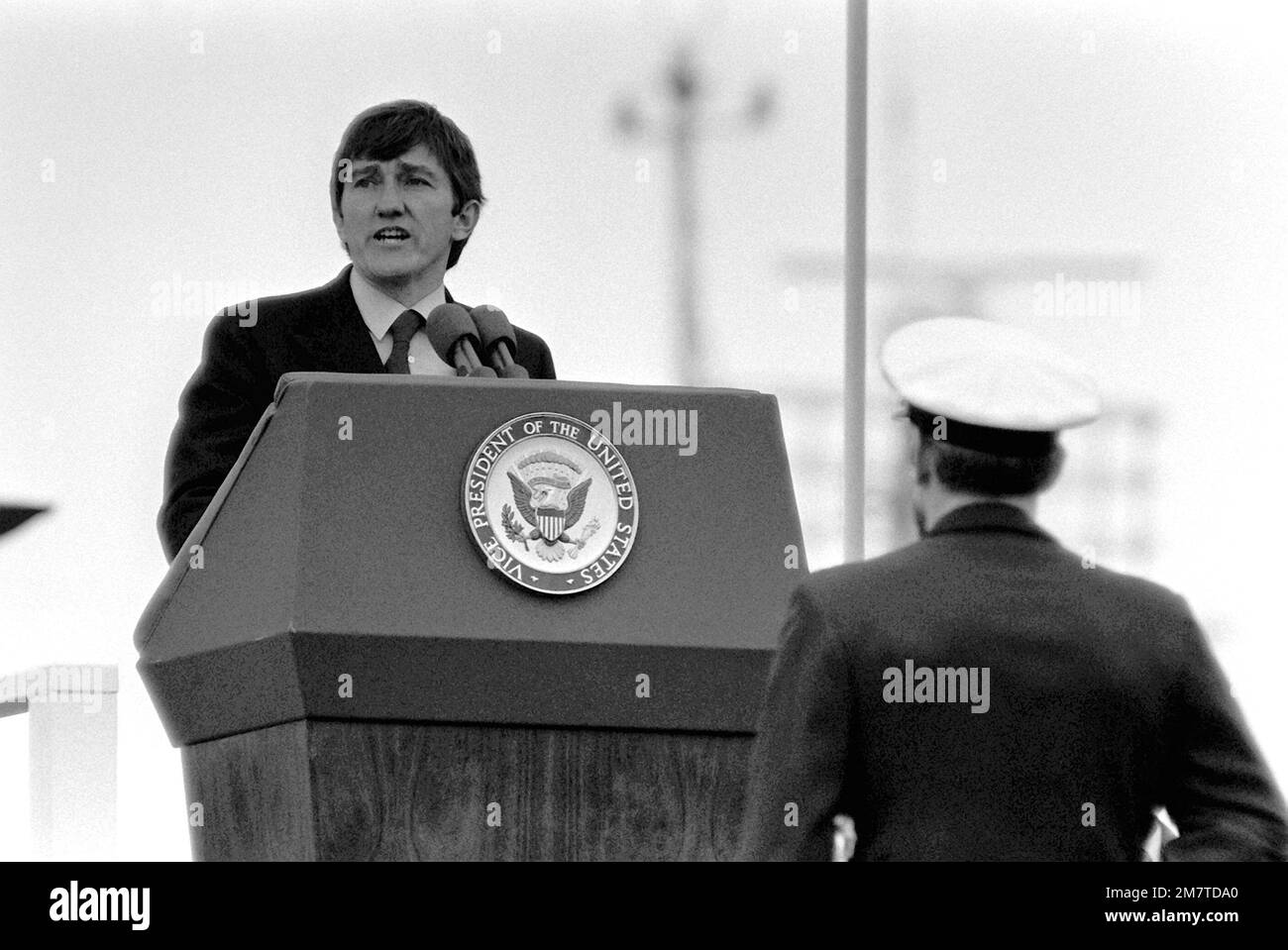 Secretary of the Navy John F. Lehman Jr. speaks at the commissioning of the nuclear-powered ballistic missile submarine USS OHIO (SSBN-726). The submarine was built by General Dynamics Corp. Base: Naval Submarine Base, Groton State: Connecticut (CT) Country: United States Of America (USA) Stock Photo
